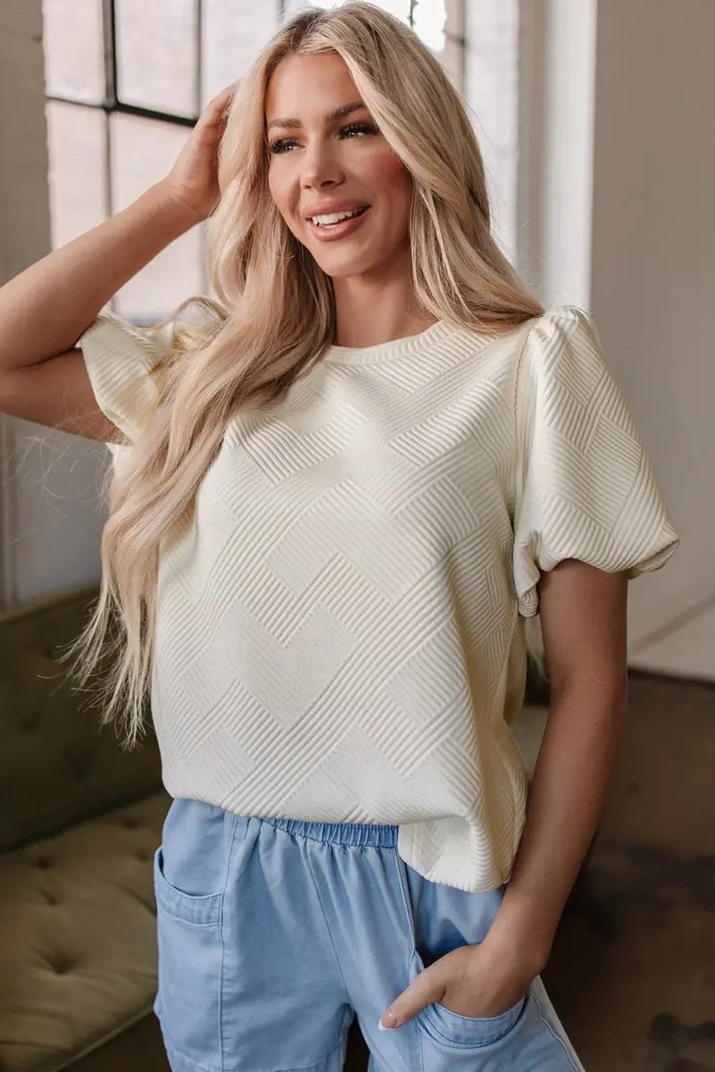 Oatmeal Textured Puff Sleeve T-shirt for Casual Style - Love Salve